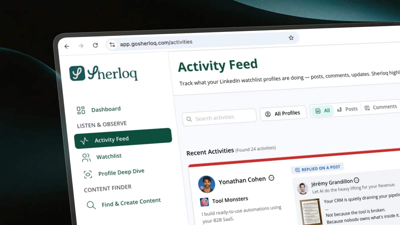 The Sherloq app showing the Activity Feed, recent LinkedIn posts and comments from watchlist profiles.