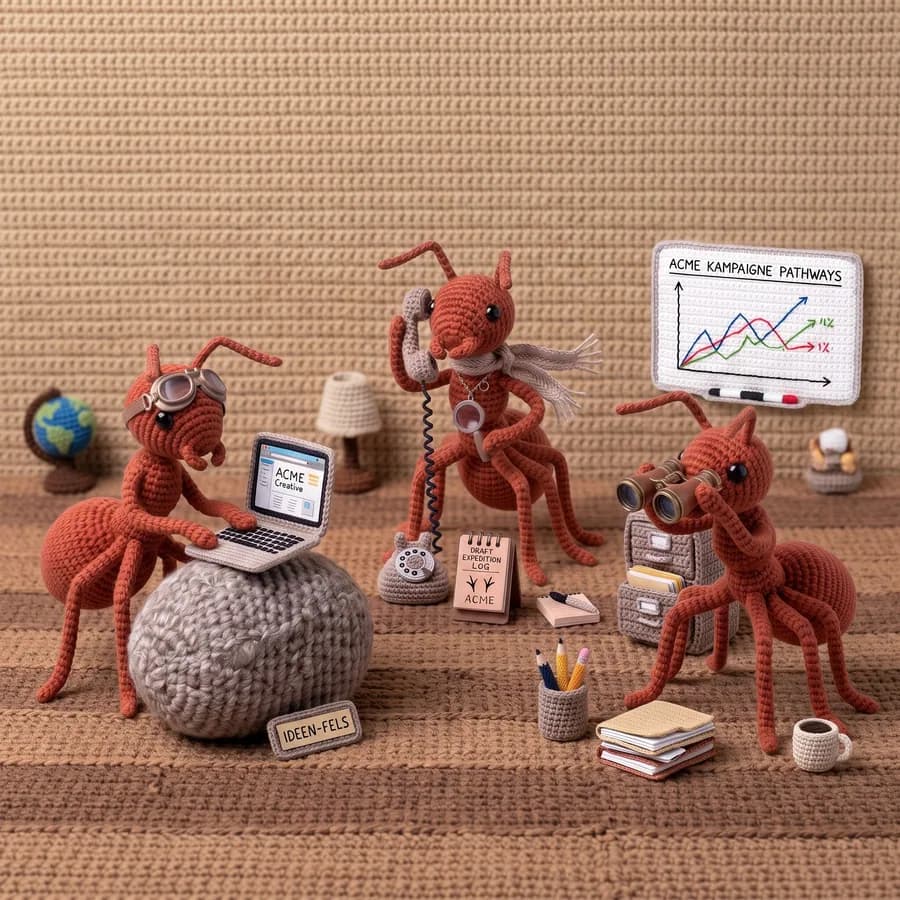 Sherloq's agency agent — a squad of hand-knitted ants representing the team behind an agency.
