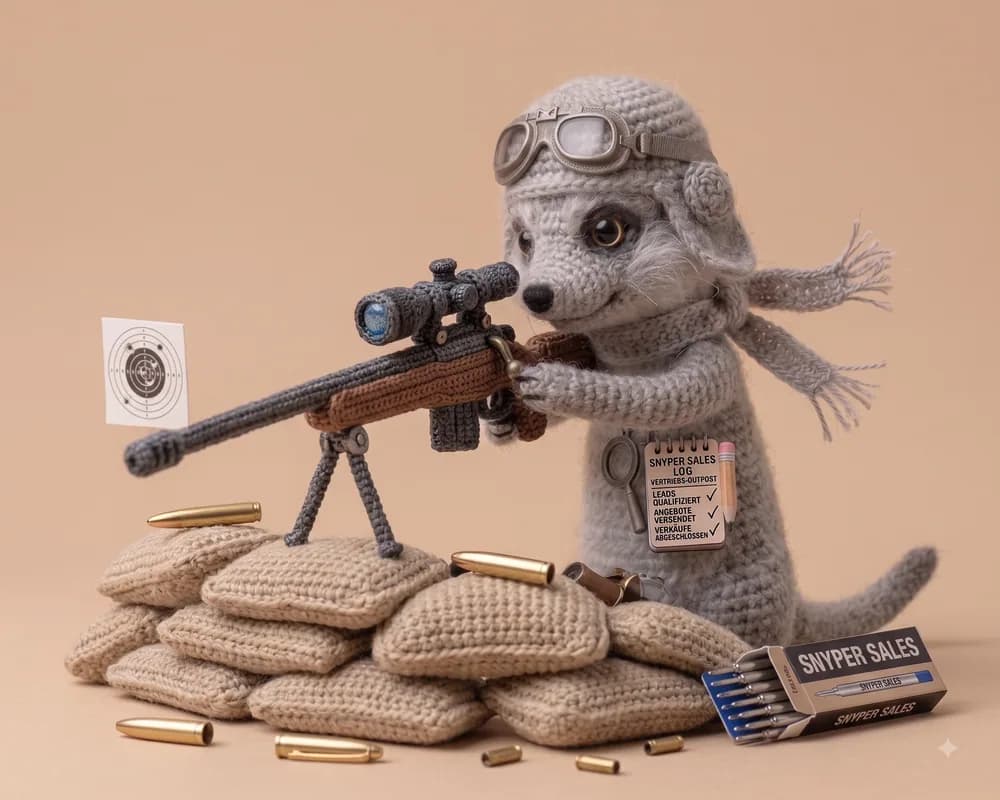 A hand-knitted Sherloq sniper agent taking careful aim from behind sandbags, with a Snyper Sales log of qualified leads and closed deals — precision over spray-and-pray.