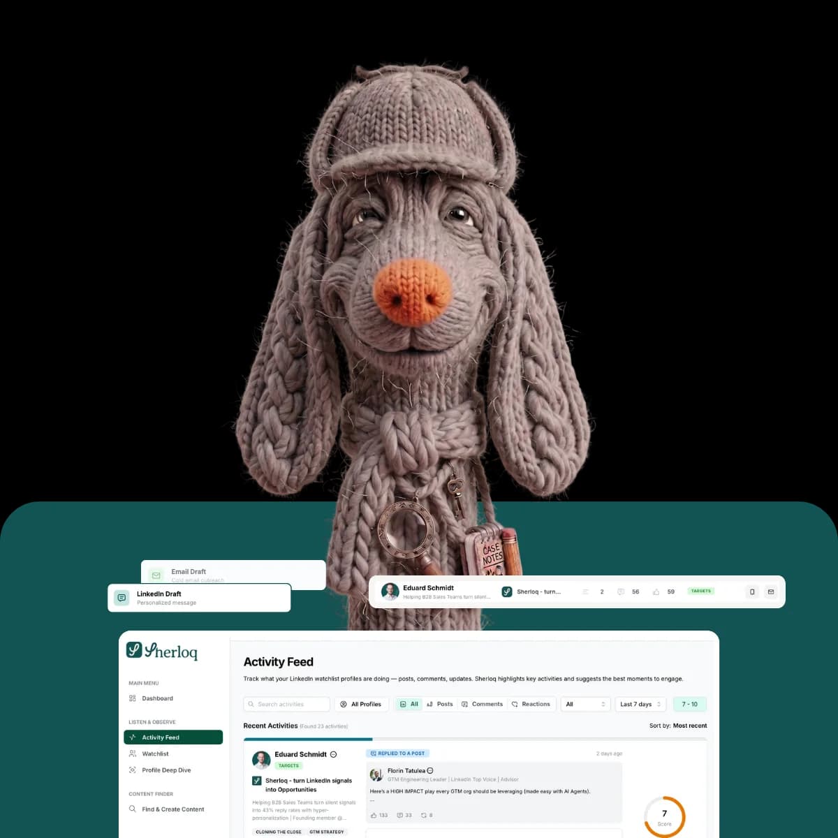 The Sherloq detective-dog mascot beside the Sherloq web app showing the activity feed with real-time LinkedIn signals